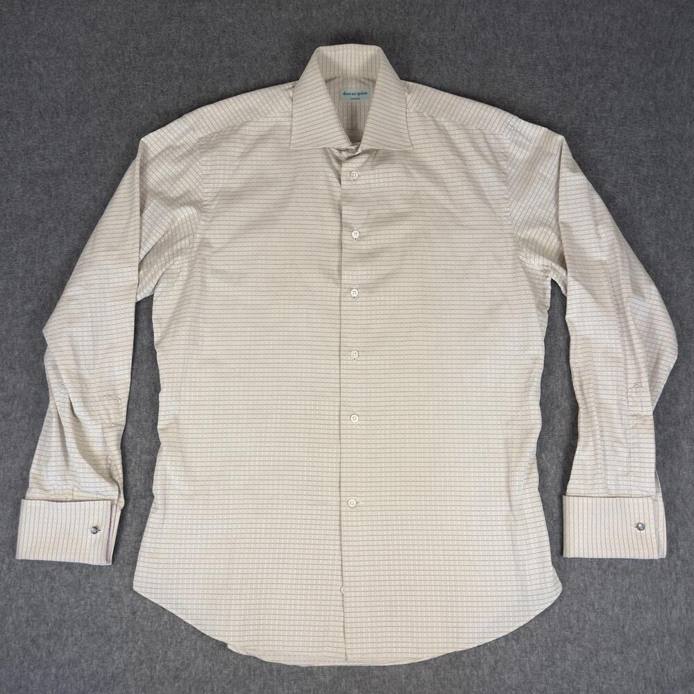 Duncan Quinn Dress Shirt Mens 16 Beige Check Long Sleeve French Cuff Italy